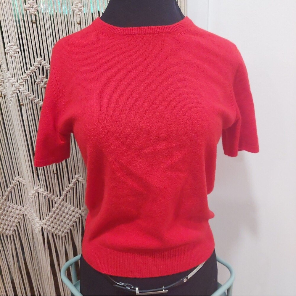 Neiman Marcus 100% Cashmere Bright Red Short Sleeve Sweater Top M Medium